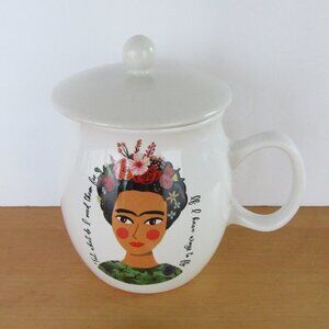 Frida Kahlo ceramic coffee tea mug with lid by Primo Design - 16 oz.
